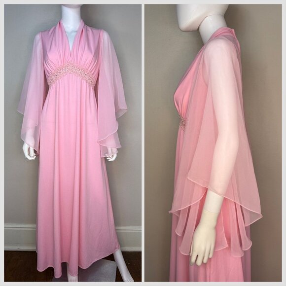 Vintage 1970s Pink Maxi Dress, Sheer Angel Wing Sleeves, Jill Robbins Size S/M - Picture 1 of 6